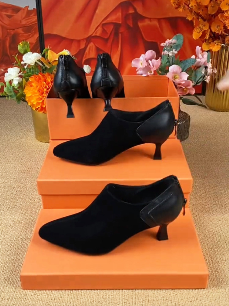 高跟鞋低跟小跟磨砂绒面皮鞋女2025新款春秋百搭尖头真皮深口单鞋,淘宝优惠券,粉丝福利购,淘宝优惠卷
