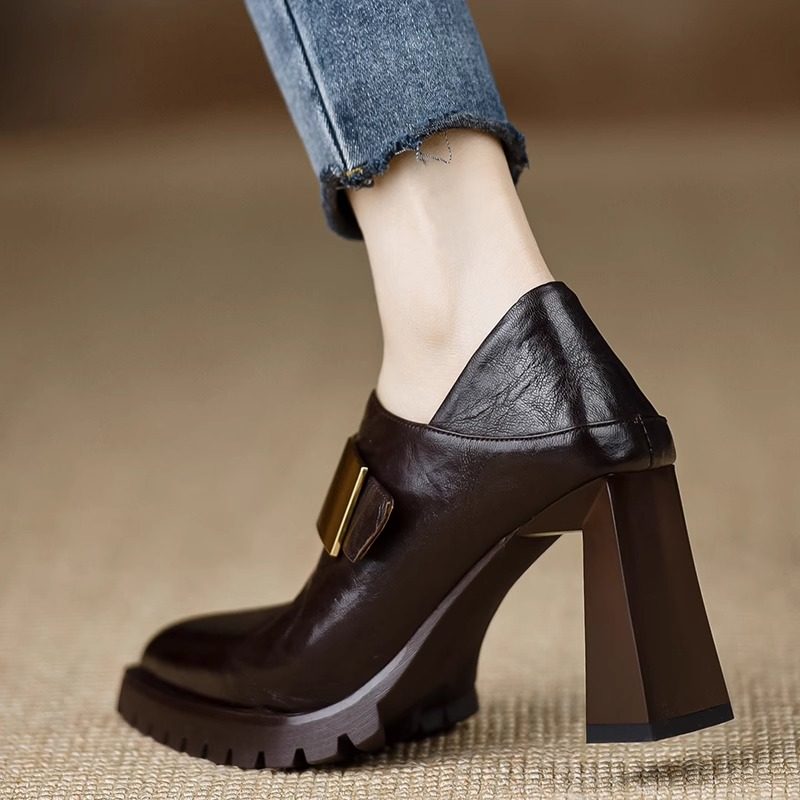 2025年春季新款手工女鞋浅口单鞋高跟软皮防水台尖头咖啡色小皮鞋,淘宝优惠券,粉丝福利购,淘宝优惠卷