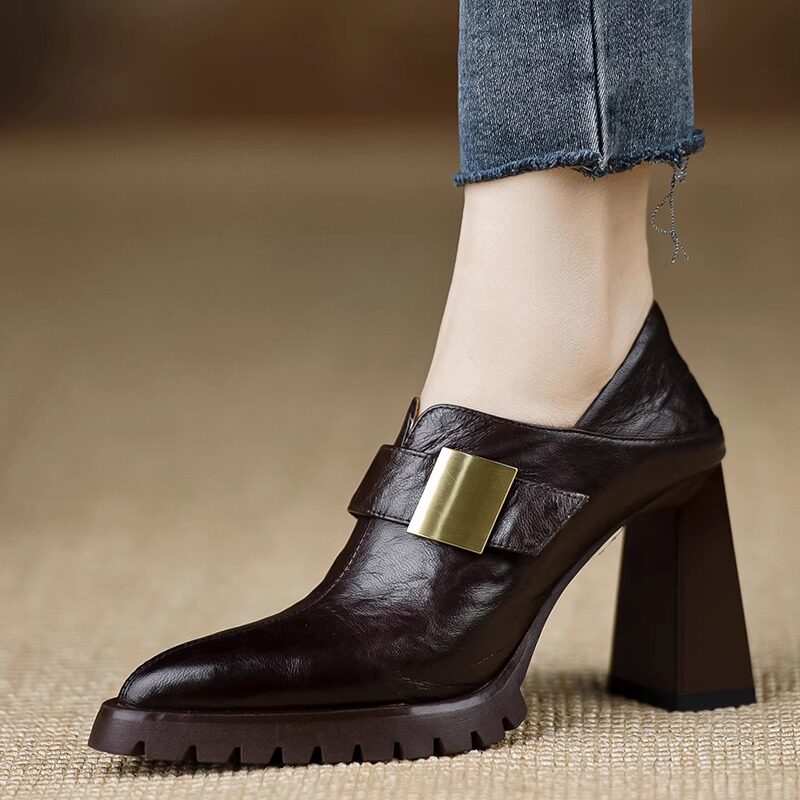 2025年春季新款手工女鞋浅口单鞋高跟软皮防水台尖头咖啡色小皮鞋,淘宝优惠券,粉丝福利购,淘宝优惠卷