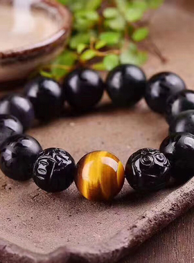 天然黑曜石六字真言貔貅手链