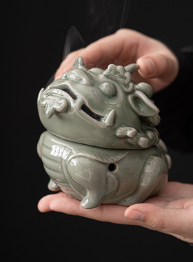 独角兽青瓷陶瓷盘香炉 越窑工艺品熏香摆件倒流香薰炉家居香道