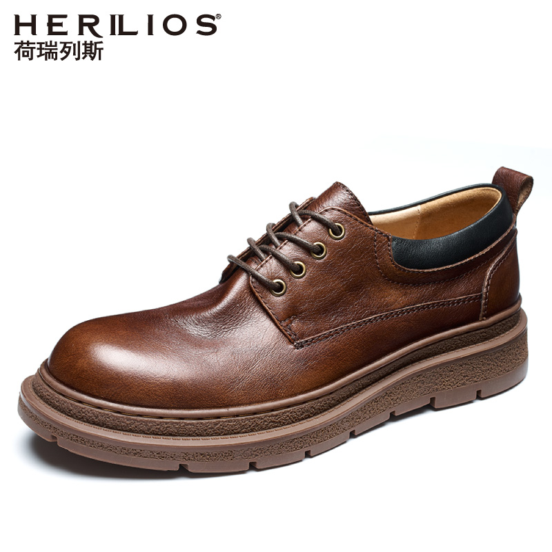 HERILIOS英伦男士真皮大头皮鞋男韩版高档低帮单鞋复古做工装鞋