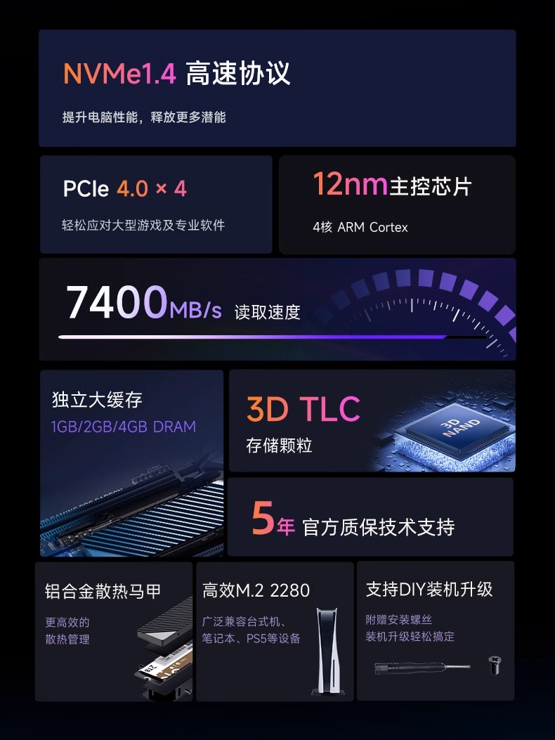 正品爱国者P7000D M2固态硬盘1TB 2T 4TB台式机电脑笔记本PS5 SSD - 图0