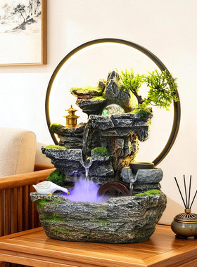 流水摆件循环水假山水景招财客厅风水轮办公室桌面开业装饰品礼物