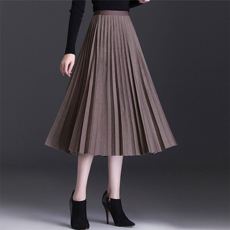 品哥弟新新款女装2022年秋冬高腰羊毛中长毛呢百褶半身裙a字裙女
