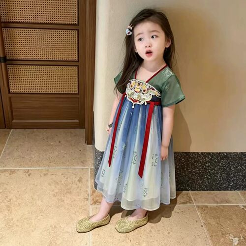 梦奇鸽女童唐制汉服夏季薄款超仙中国风短袖连衣裙古风舞台表演 - 图2
