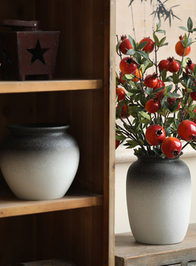 复古怀旧陶瓷花瓶新中式轻奢花器黑白磨砂粗陶罐家居台面装饰摆件