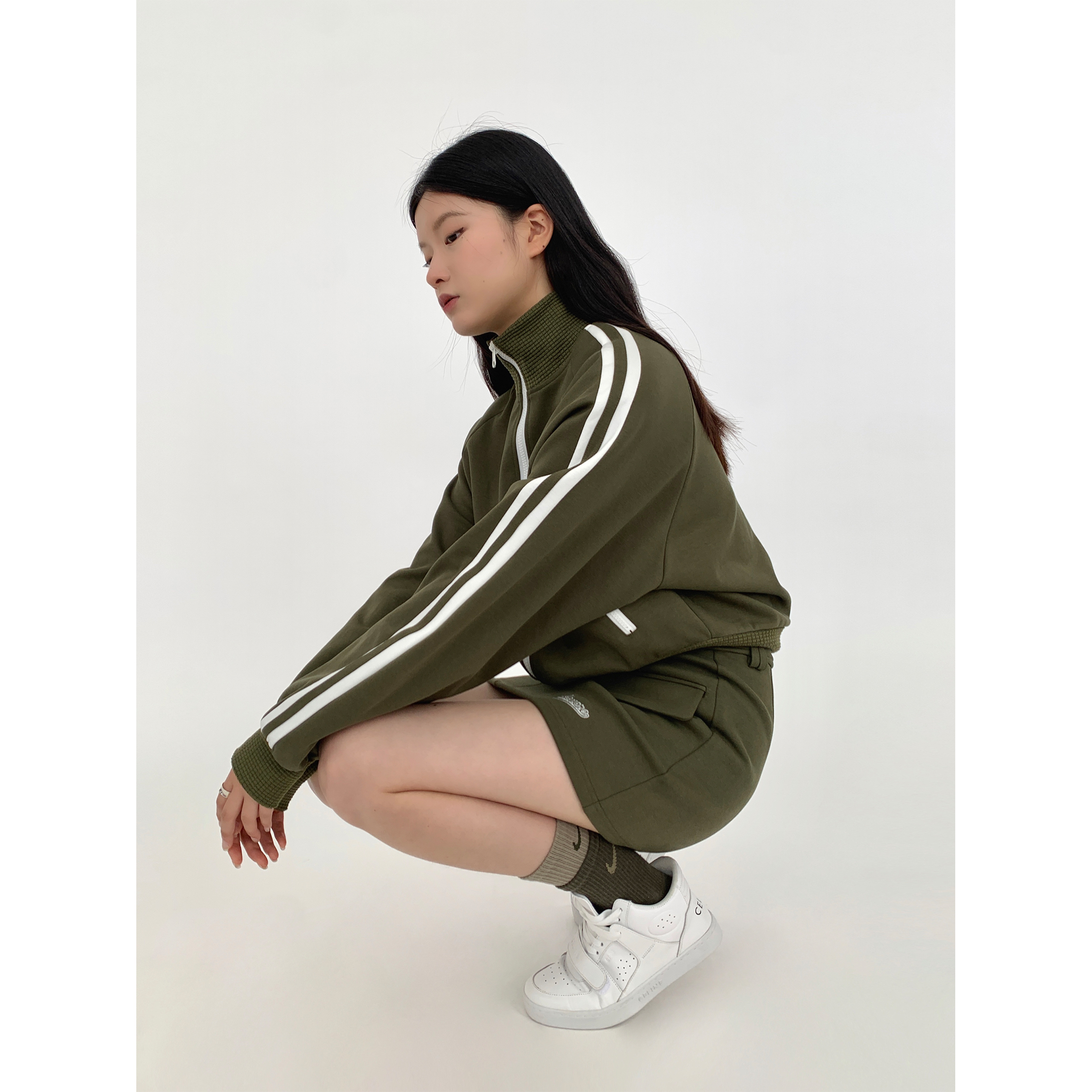 HONORE古月 无性别穿搭 美式双拉链立领撞色春季卫衣外套半裙套装 - 图1