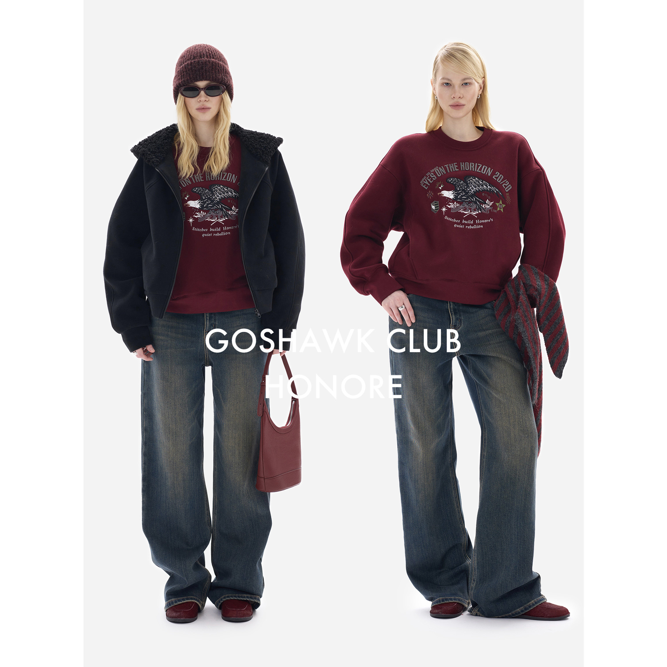 HONORE古月 鹰击俱乐部 原创圆领 加绒刺绣宽松百搭徽章卫衣 - 图2