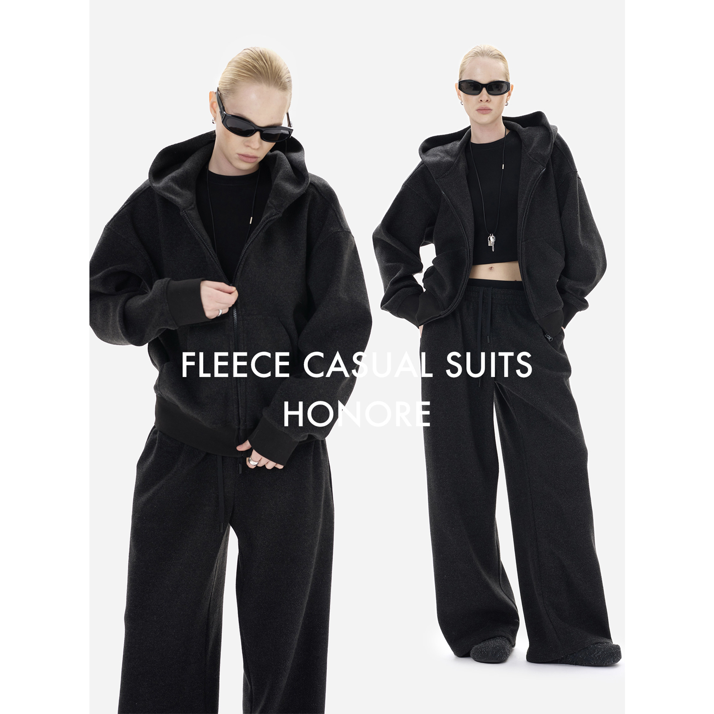 HONORE古月 定制重磅 落肩设计 羊毛尼毛毡连帽外套+双腰运动裤,淘宝优惠券,粉丝福利购,淘宝优惠卷