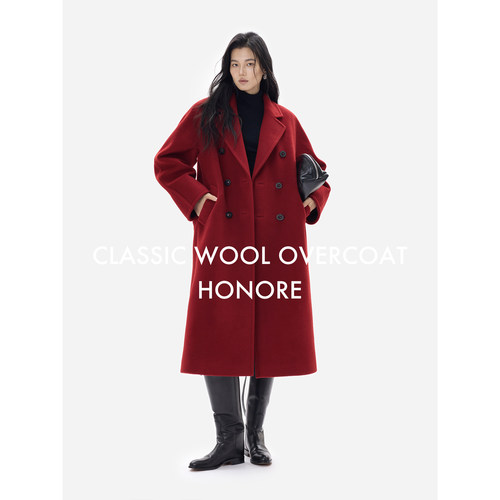 HONORE古月 限量MM家 经典1O1801 羊毛毛呢双排扣宽松落肩大衣 - 图2