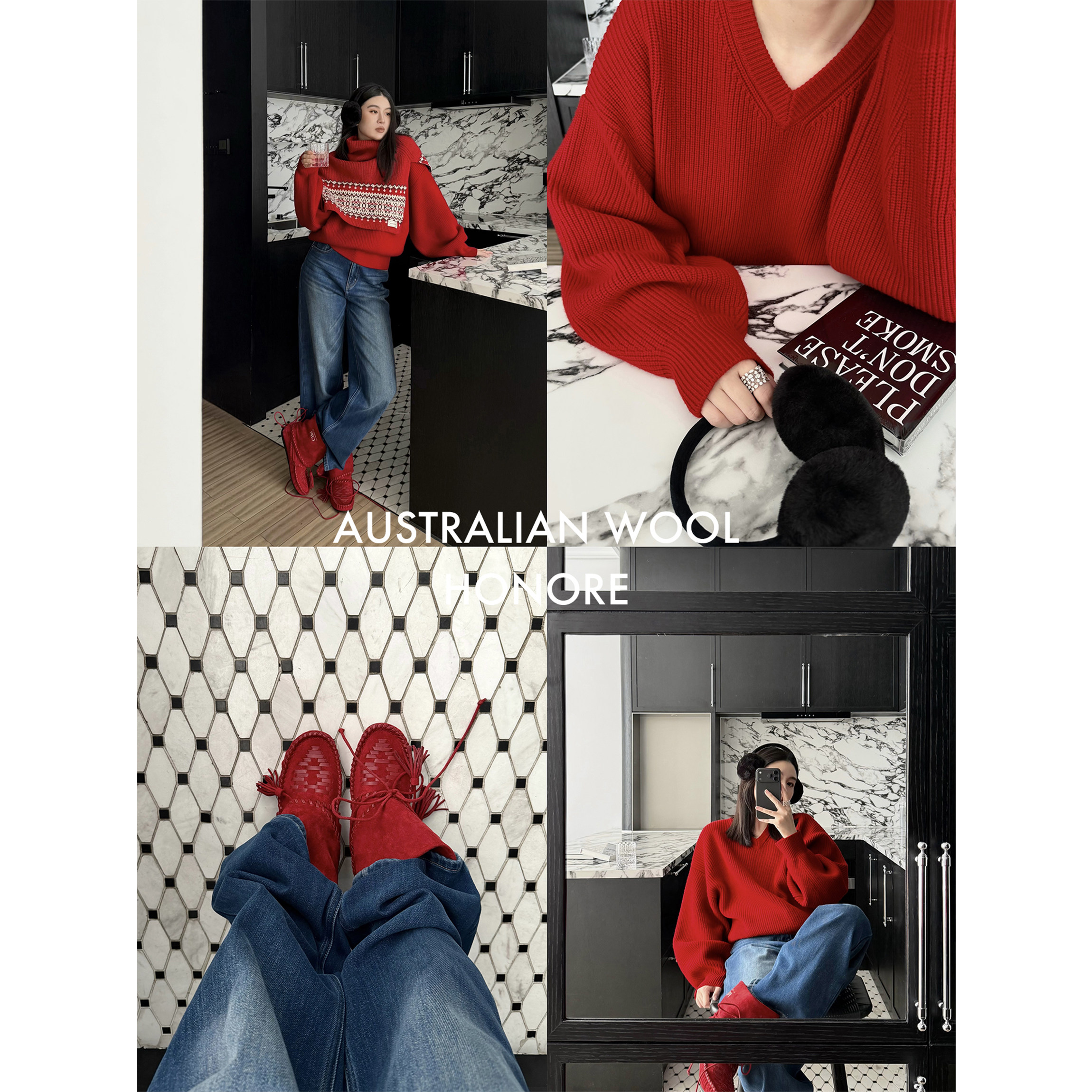 HONORE古月 新年限定 100%羊毛粗针针织V领宽肩落袖毛衣+半裙套装,淘宝优惠券,粉丝福利购,淘宝优惠卷