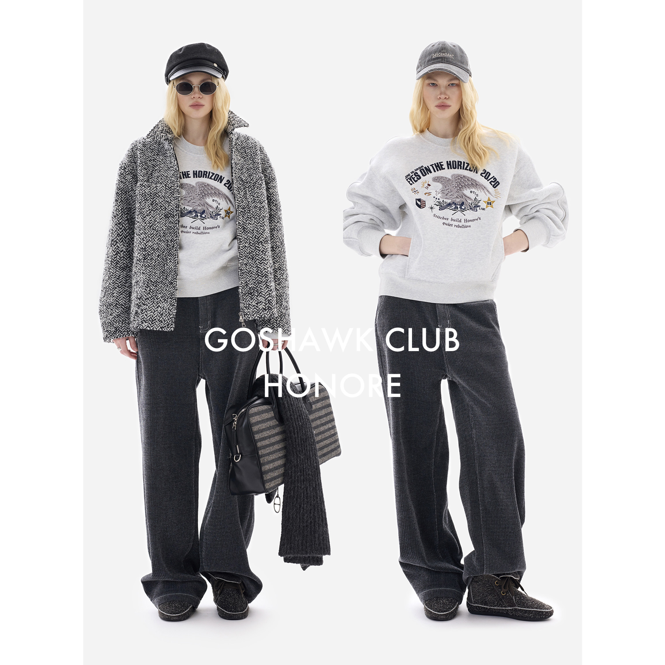 HONORE古月 鹰击俱乐部 原创圆领 加绒刺绣宽松百搭徽章卫衣 - 图1