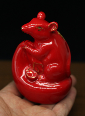 红色陶瓷十二生肖申子辰三合摆件