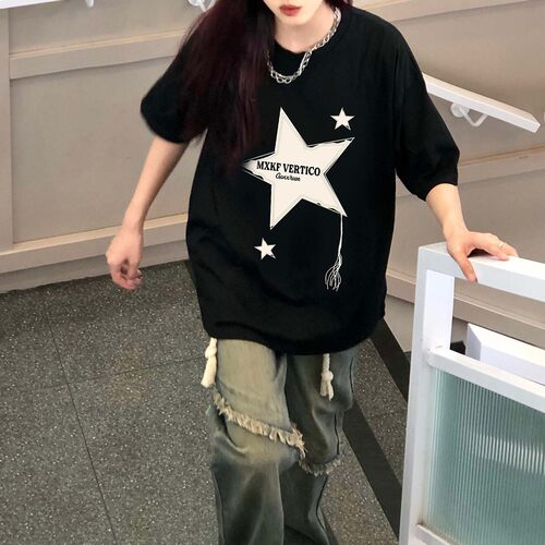 100%纯棉带胸垫短袖睡衣女夏季超拽酷女孩黑色T恤单上衣免穿内衣 - 图2
