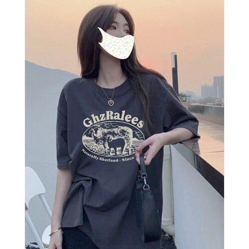 100%纯棉带胸垫短袖睡衣女夏季超拽酷女孩黑色T恤单上衣免穿内衣 - 图3