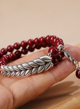 足银大麦穗双圈手链高含朱砂女本命年岁岁平安好运红同款多圈手串