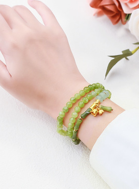 晶东珠宝 天然青玉玉髓复古多圈手链铃兰花配饰女生上岸竹节手串