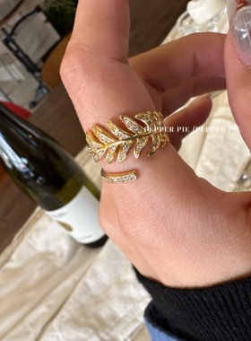 辣椒派 经典满钻羽毛开口戒指女 线条交错小众ins复古