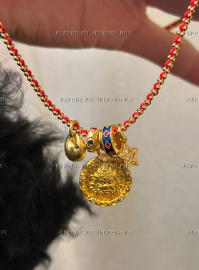 辣椒派保色！新中式招米黄财神手工编织小红绳项链女 复古毛衣链