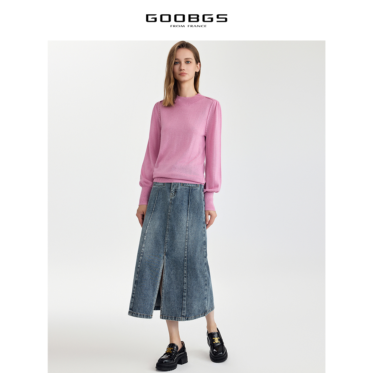 谷邦中长款牛仔半身裙女2025秋季新款气质A字裙复古开叉高腰裙子 - 图2