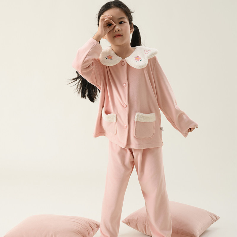米筱米儿童秋冬海岛绒加厚加绒保暖纯色A类长袖睡衣套女童家居服,淘宝优惠券,粉丝福利购,淘宝优惠卷