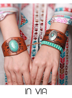 波西米亚风遮疤部落真皮松石手链