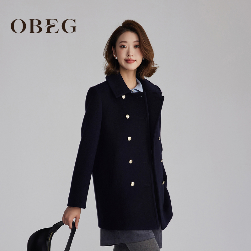 OBEG欧碧倩复古双排扣JI简廓形羊毛大衣外套女冬季10484039 - 图0