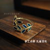 Intangible cultural heritage pure handmade dot emerald ring peacock feather inlaid dot emerald craft ring leaf ring