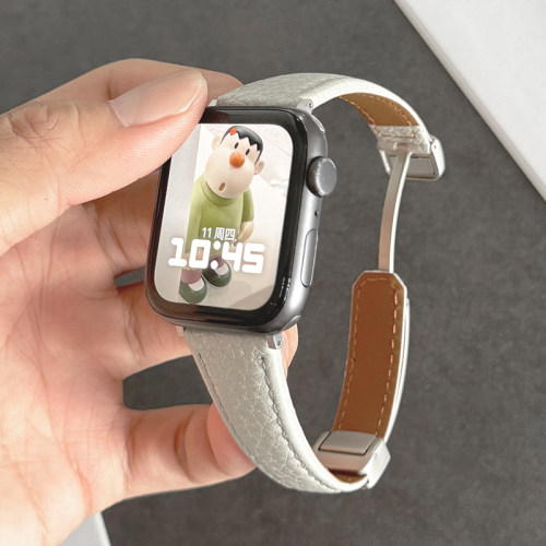 真皮荔枝纹科技银色磁吸iwatch表带se适用Applewatch苹果s9手表s8 - 图0