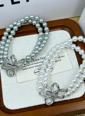 珍珠手链女小众设计镶锆蝴蝶结