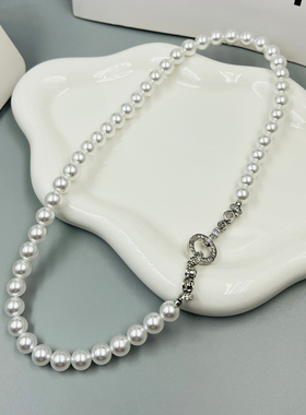 优雅珍珠镶锆圆环扣锁骨链颈链