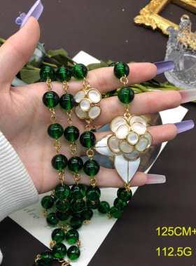 复古春夏款清新琉璃串珠毛衣链白色珐琅釉花朵项链耳钉耳夹套装女