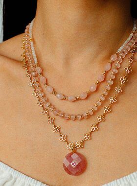 欧美樱花系列粉水晶水滴项链女高级感草莓晶珍珠叠搭锁骨链跨境