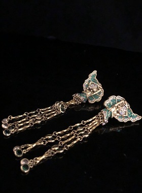 西洋中古Vintage铜镶嵌满镶密锆莱茵石蝴蝶精灵流苏款耳环复古中