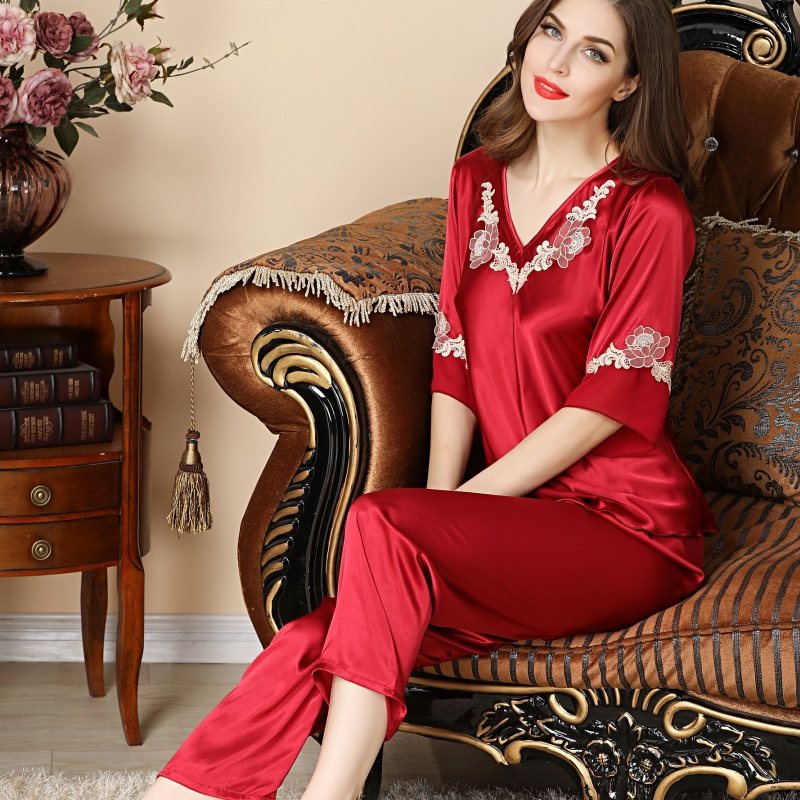 秋季冰丝丝绸性感蕾丝仿真秋睡衣 姬斯德妮睡衣/家居服套装