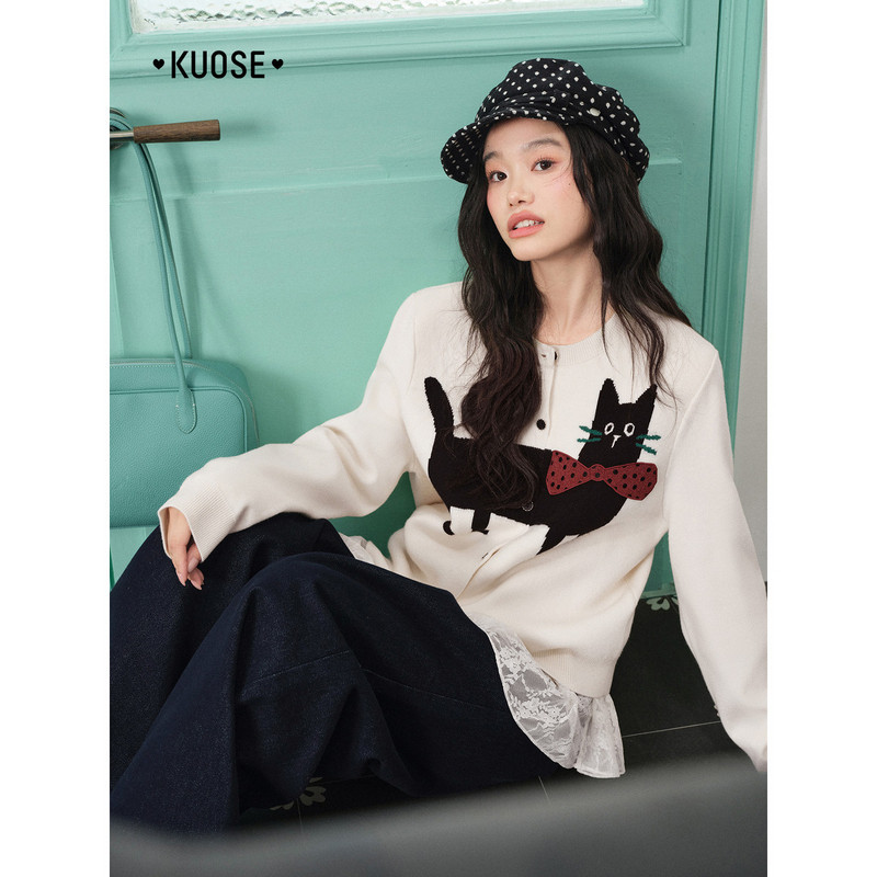 阔色猫咪毛衣开衫外套2026春季新款女装针织衫宽松短款上衣秋冬,淘宝优惠券,粉丝福利购,淘宝优惠卷