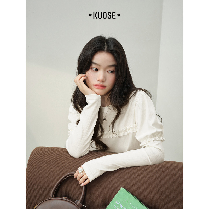 阔色假两件木耳边针织内搭打底衫2026春季新款女装泡泡长袖t恤秋,淘宝优惠券,粉丝福利购,淘宝优惠卷