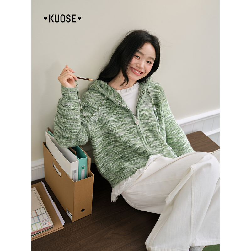 阔色绿色毛衣开衫连帽慵懒风针织衫短款2025秋冬季新款女长袖上衣 - 图0