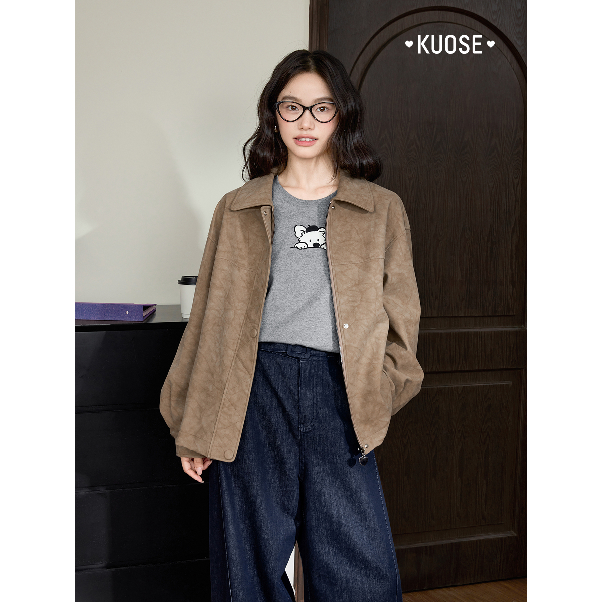 阔色美拉德复古翻领休闲夹克皮衣外套女2025秋冬季新款卡其色上衣 - 图3