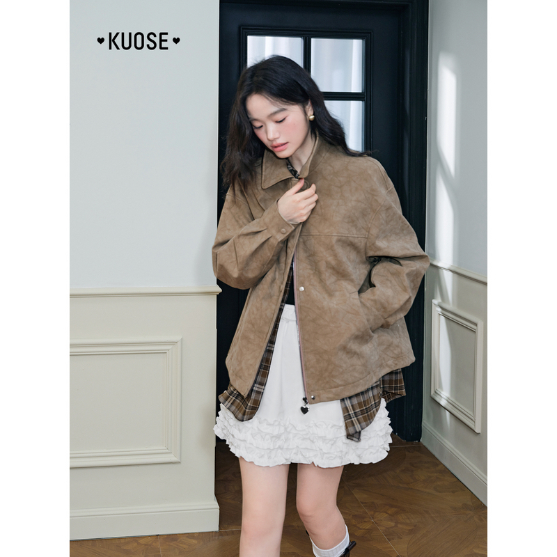 阔色美拉德复古翻领休闲夹克皮衣外套女2025秋冬季新款卡其色上衣 - 图0