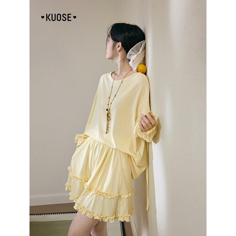阔色黄色长袖罩衫t恤半身裙子两件套装25夏秋季新款女短半裙上衣,淘宝优惠券,粉丝福利购,淘宝优惠卷