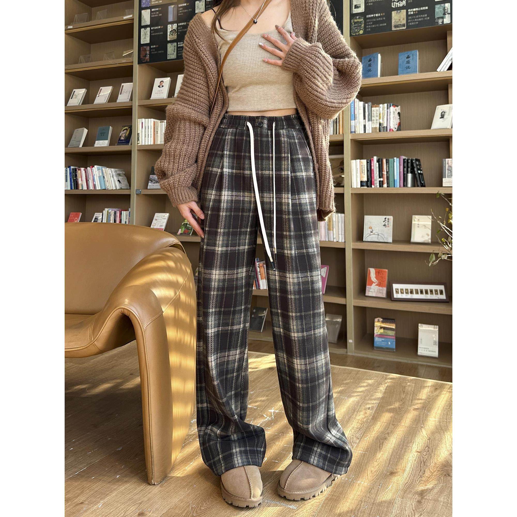 撞色加绒格子裤女2025春秋冬慵懒拖地直筒裤高腰垂感毛呢阔腿裤子,淘宝优惠券,粉丝福利购,淘宝优惠卷