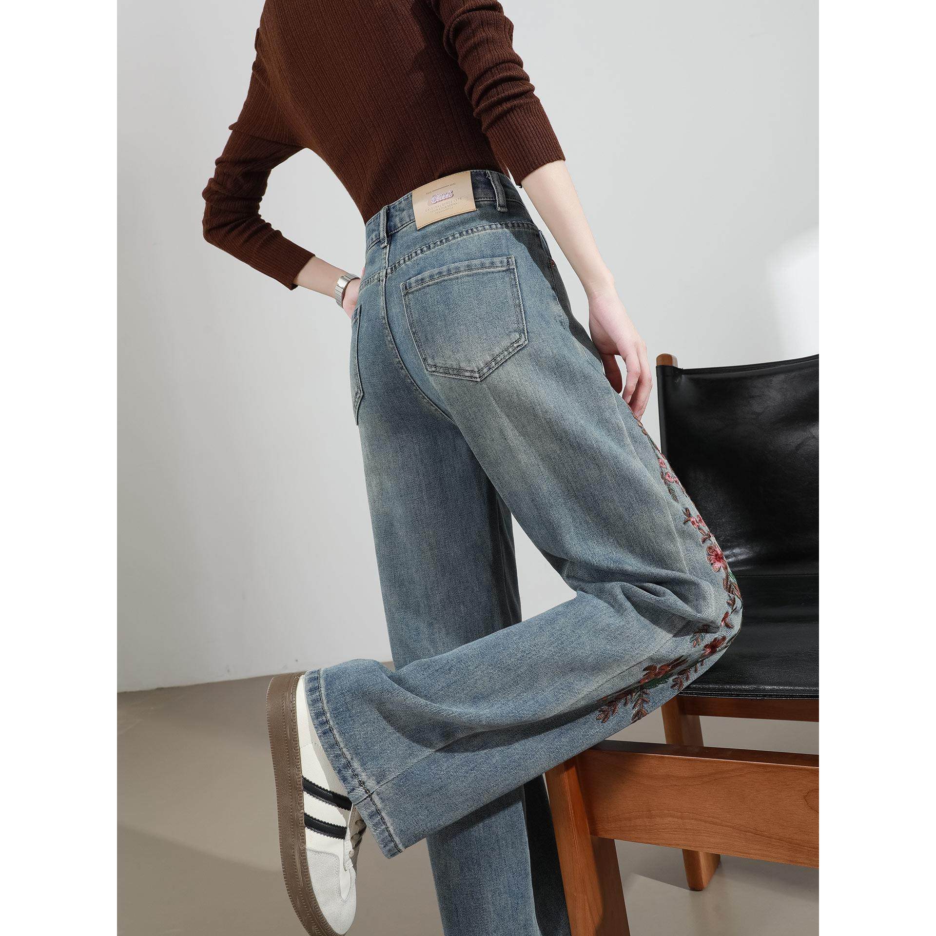 PLER高腰国风刺绣阔腿牛仔裤女春秋新款宽松显瘦垂感直筒拖地裤子,淘宝优惠券,粉丝福利购,淘宝优惠卷