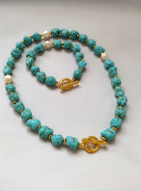 天然绿松石搭配淡水养殖珍珠项链镀18K金手工串珠锁骨链开运手链