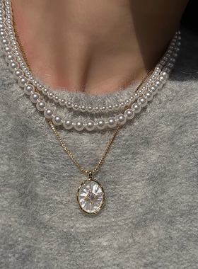 天然白蝶贝壳镶钻镀18K金锁骨链手工镶嵌项链叠戴优雅配饰