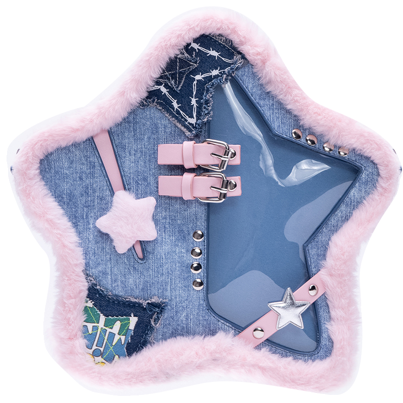 HIATUS原创设计牛仔蓝粉撞色五角星痛包毛边皮扣铆钉双肩斜挎小包,淘宝优惠券,粉丝福利购,淘宝优惠卷