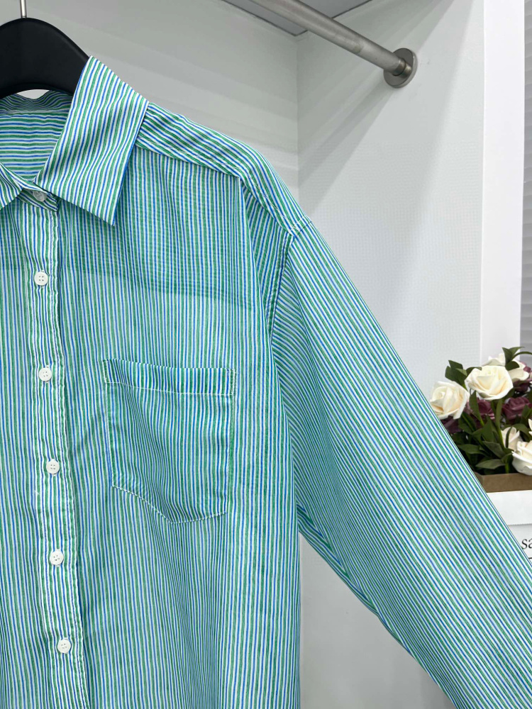 蓝绿色透视感长袖天丝条纹防晒衬衫 - 图1