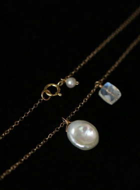 月光石 巴洛克珍珠 浅色项链14k包金锁骨链女生礼物春夏显白