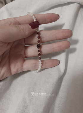 天然酒红石榴石美国包金淡水珍珠